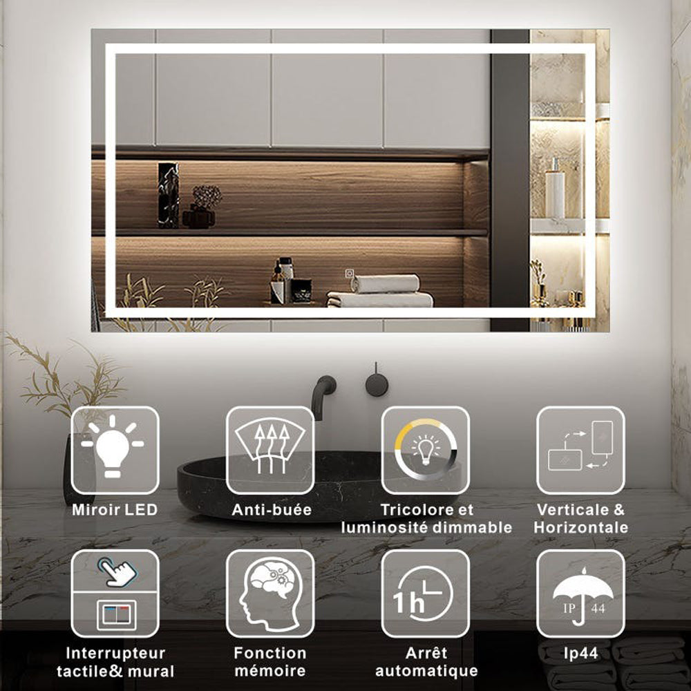 AICA Miroir lumineux 100x60cm,3 couleurs + dimmable + anti-buée + mémoire, miroir salle de bain