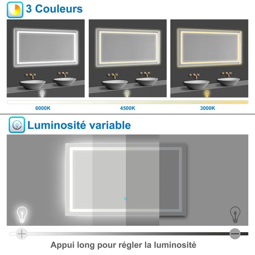 AICA Miroir lumineux 100x60cm,3 couleurs + dimmable + anti-buée + mémoire, miroir salle de bain