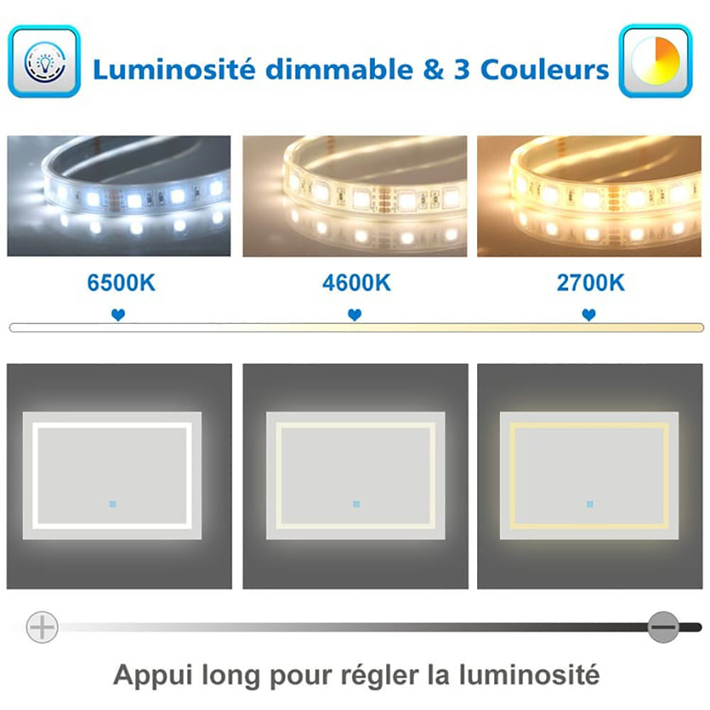 AICA LED miroir lumineux 3 couleurs tactile + anti-buée + dimmable + mémoire 80x60cm miroir salle de bain
