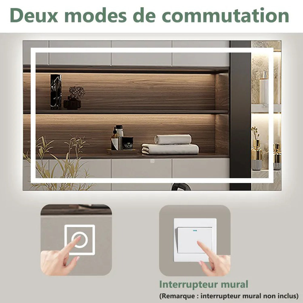 AICA Miroir lumineux 100x60cm,3 couleurs + dimmable + anti-buée + mémoire, miroir salle de bain