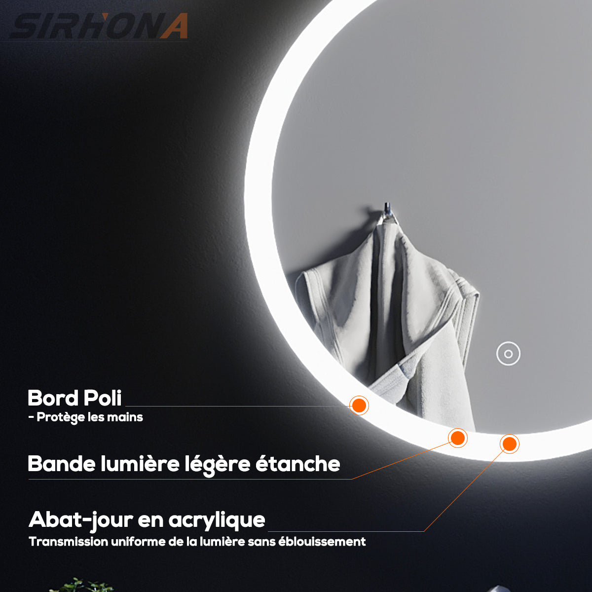 SIRHONA 80cm Miroir de Salle de Bain à LED Rond Anti-buée avec éclairage intégré Blanc Froid Miroir Rond Mural