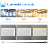 Miroir 80/100/120/140/160cm multifonctionnel avec 3 couleur LED réglable + antibuée +Horloge numérique+Miroir grossissant