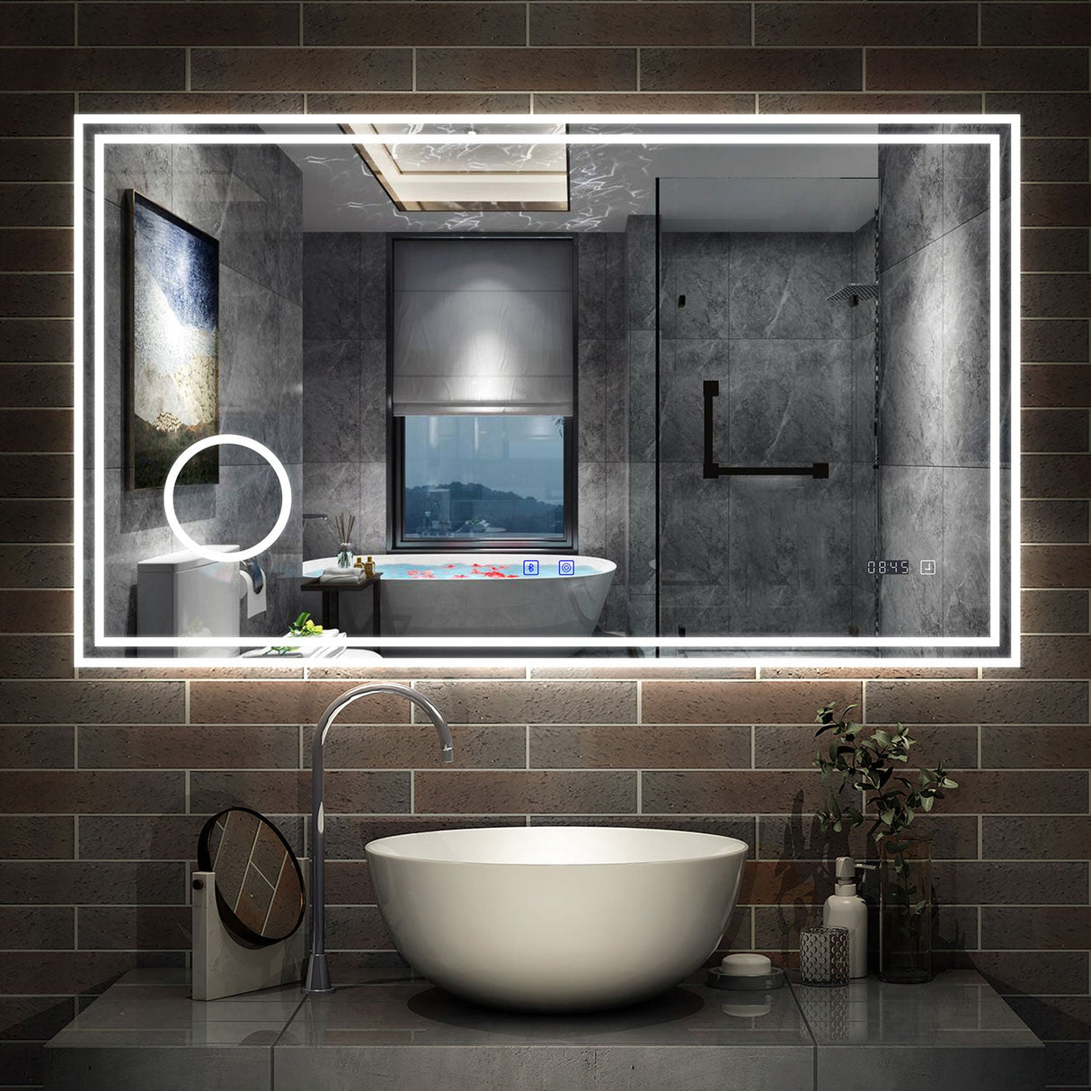 AICA Miroir de Salle de Bain LED avec Bluetooth 60/70/80/100/120/140/160cm, Mural Miroir avec Horloge + 3 Couleurs + Dimmable + Anti-buée + Grossissant 3x, Interrupteur Tactile Étanche IP44
