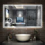 AICA Miroir de Salle de Bain LED avec Bluetooth 60/70/80/100/120/140/160cm, Mural Miroir avec Horloge + 3 Couleurs + Dimmable + Anti-buée + Grossissant 3x, Interrupteur Tactile Étanche IP44