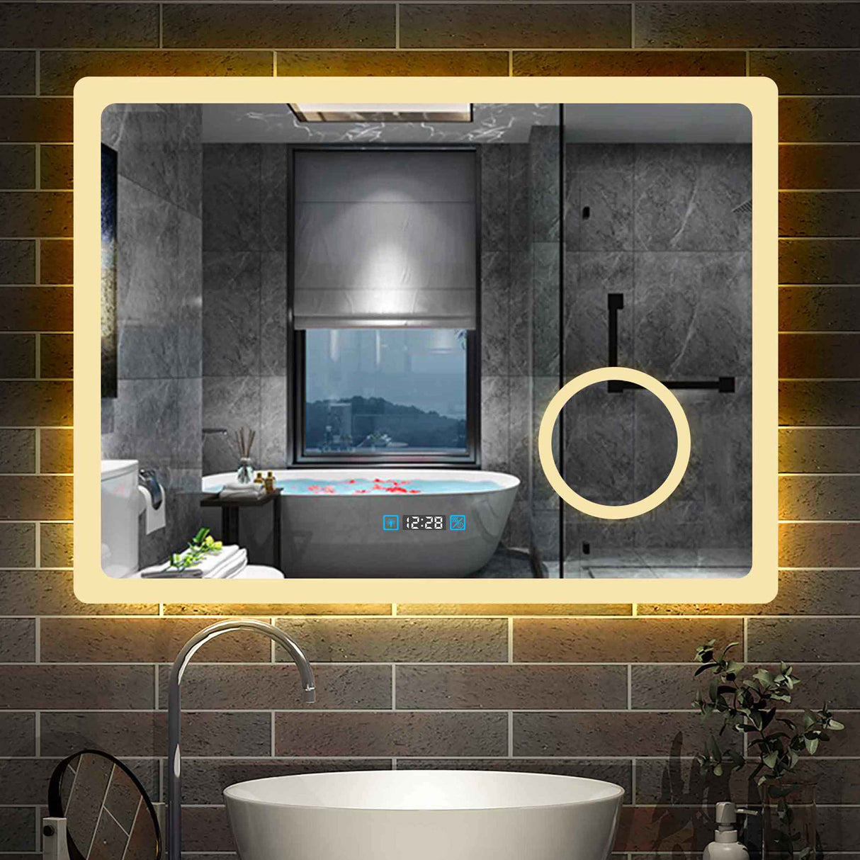 Miroir 80/100/120/140/160cm multifonctionnel avec 3 couleur LED réglable + antibuée +Horloge numérique+Miroir grossissant