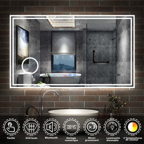 AICA Miroir de Salle de Bain LED avec Bluetooth 60/70/80/100/120/140/160cm, Mural Miroir avec Horloge + 3 Couleurs + Dimmable + Anti-buée + Grossissant 3x, Interrupteur Tactile Étanche IP44