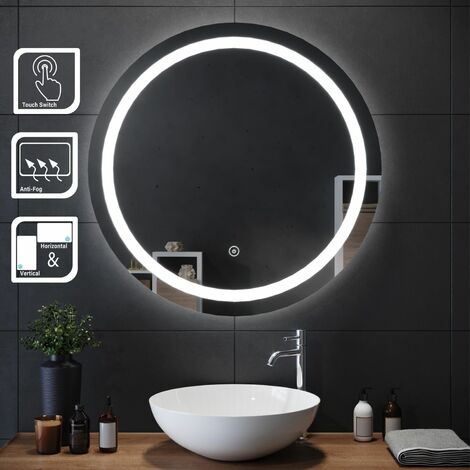 SIRHONA 80cm Miroir de Salle de Bain à LED Rond Anti-buée avec éclairage intégré Blanc Froid Miroir Rond Mural