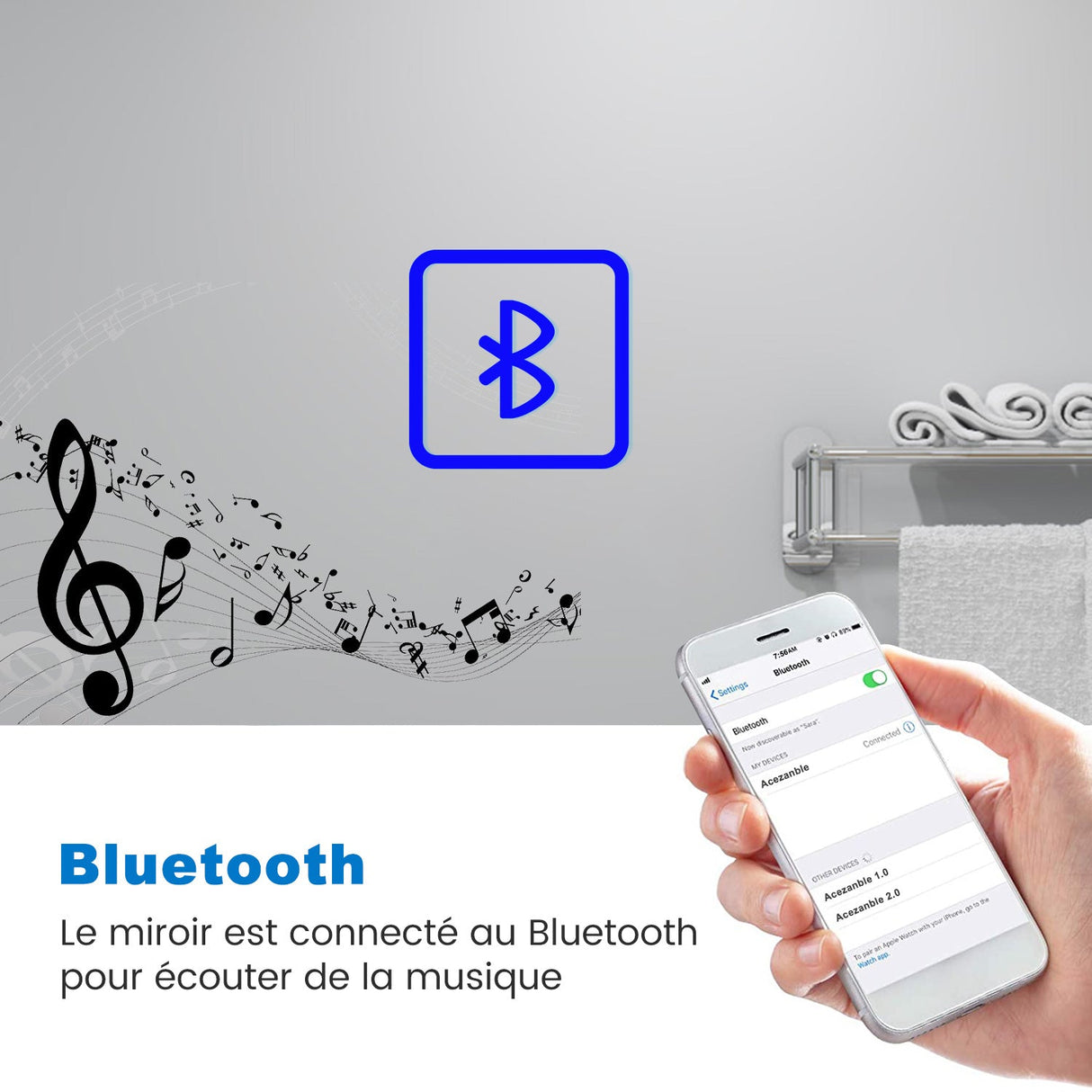 AICA Miroir de Salle de Bain LED avec Bluetooth 60/70/80/100/120/140/160cm, Mural Miroir avec Horloge + 3 Couleurs + Dimmable + Anti-buée + Grossissant 3x, Interrupteur Tactile Étanche IP44