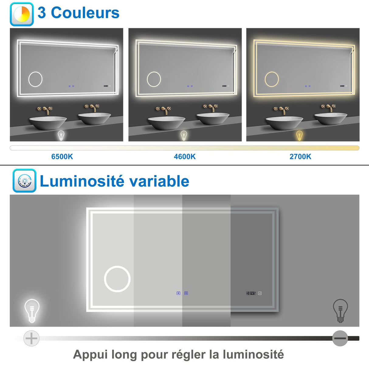 AICA Miroir de Salle de Bain LED avec Bluetooth 60/70/80/100/120/140/160cm, Mural Miroir avec Horloge + 3 Couleurs + Dimmable + Anti-buée + Grossissant 3x, Interrupteur Tactile Étanche IP44