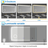 AICA Miroir de Salle de Bain LED avec Bluetooth 60/70/80/100/120/140/160cm, Mural Miroir avec Horloge + 3 Couleurs + Dimmable + Anti-buée + Grossissant 3x, Interrupteur Tactile Étanche IP44