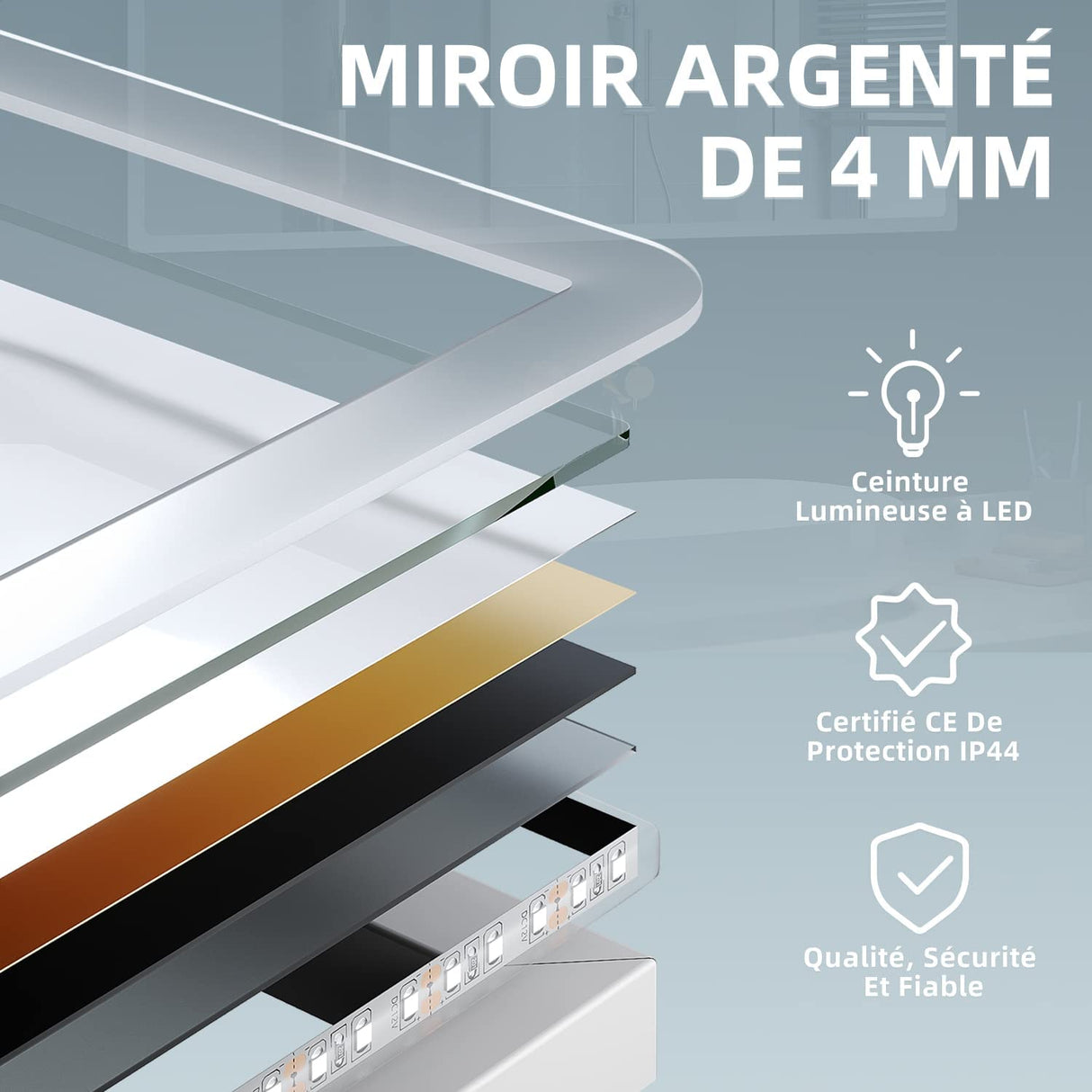SIRHONA Miroir LED Salle de Bain Bluetooth 120x70cm Miroir  de Bain avec Eclairage Intégré, Anti-buée, Affichage