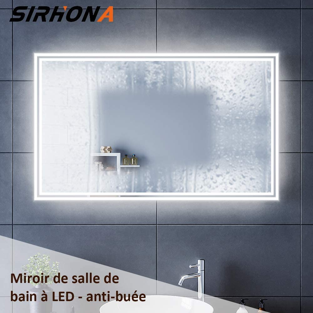 SIRHONA Miroir LED Salle de Bains avec éclairage LED Miroir Muraux AVCE Anti-buée Fonction Cosmétiques Mural Lumière Illumination