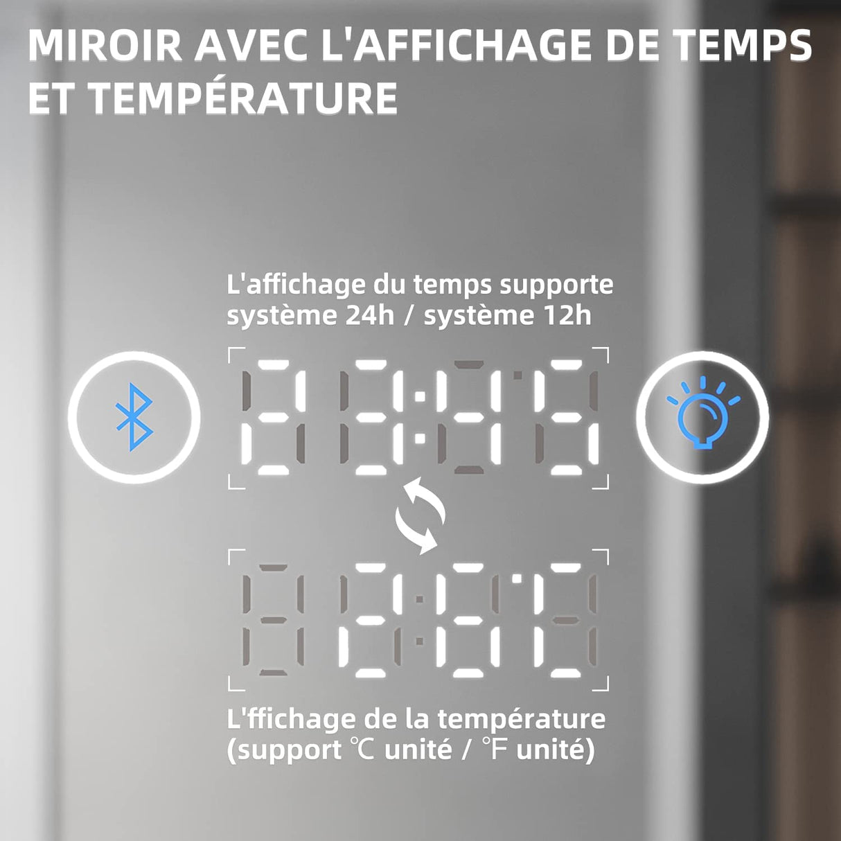 SIRHONA Miroir LED Salle de Bain Bluetooth 120x70cm Miroir  de Bain avec Eclairage Intégré, Anti-buée, Affichage