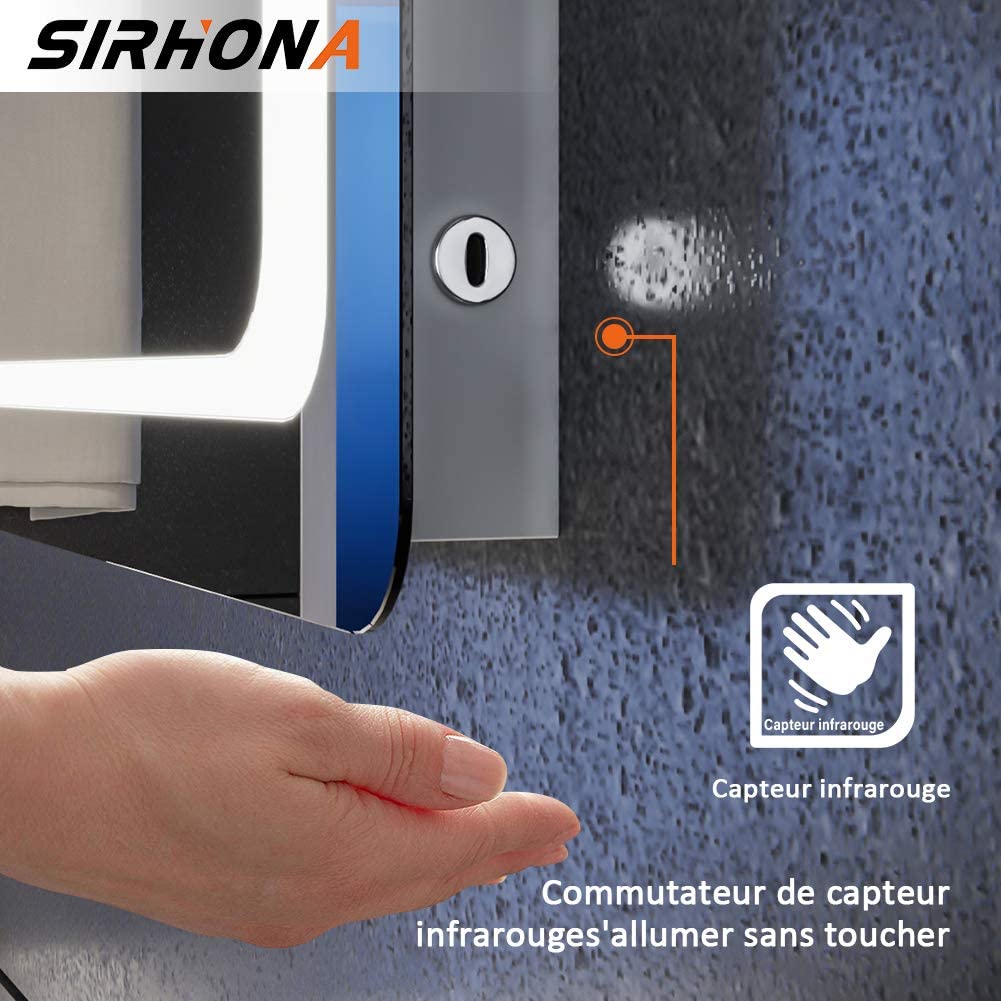 SIRHONA Miroir LED Salle de Bains avec éclairage LED Miroir Muraux AVCE Anti-buée Fonction Cosmétiques Mural Lumière Illumination