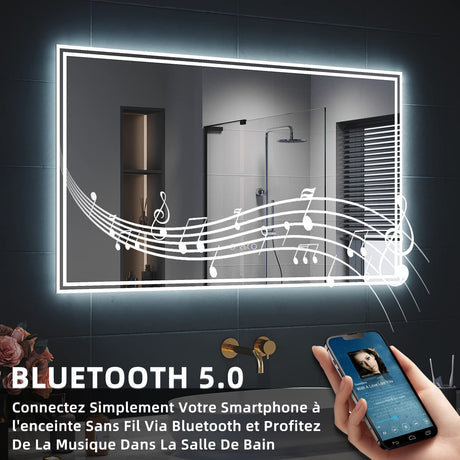 SIRHONA Miroir LED Salle de Bain Bluetooth 120x70cm Miroir  de Bain avec Eclairage Intégré, Anti-buée, Affichage