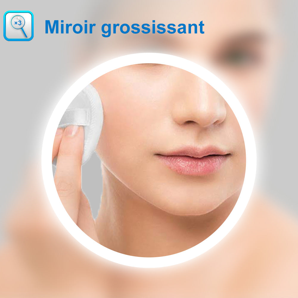 Miroir multifonctionnel avec 2 couleur LED réglable + antibuée +Bluetooth + Miroir grossissant