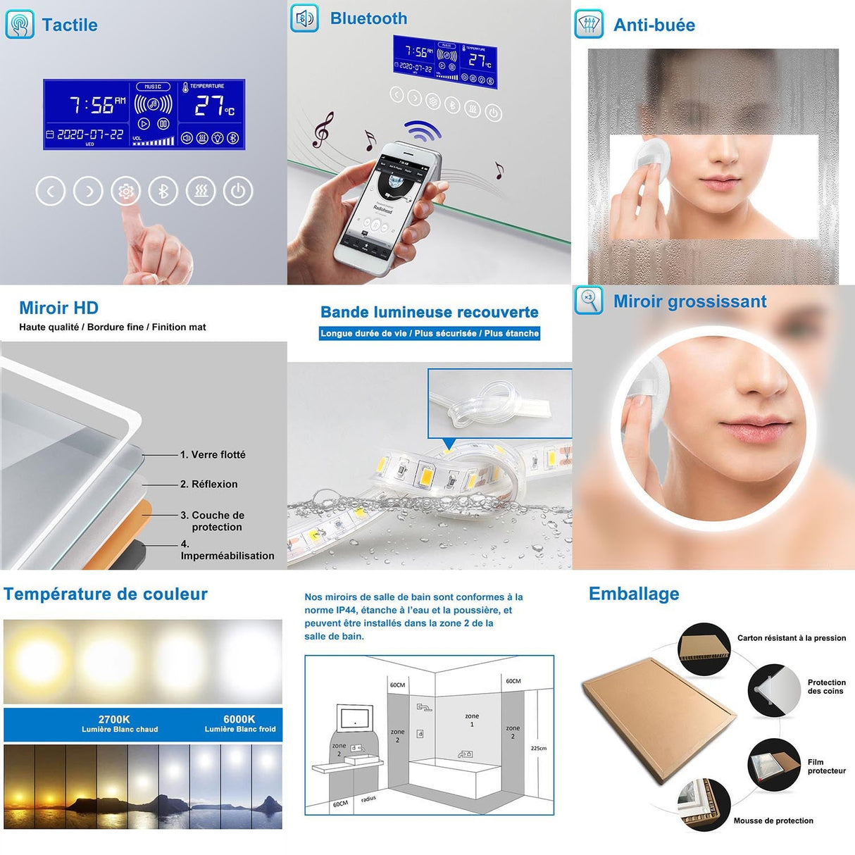 Miroir multifonctionnel avec 2 couleur LED réglable + antibuée +Bluetooth + Miroir grossissant