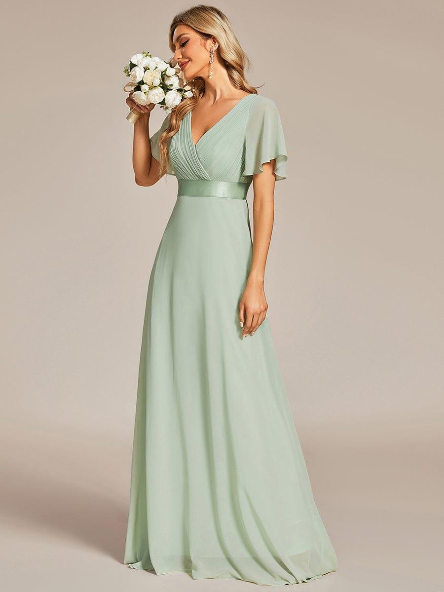 ever MONICA|Long Empire Waist Bridesmaid Dress with Short Flutter Sleeves