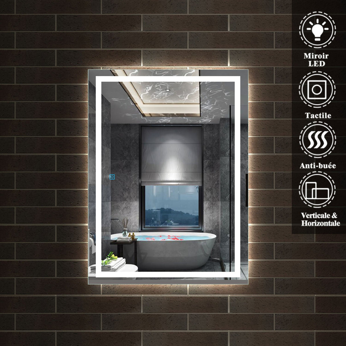 Miroir mural de salle de bain, illumination LED, éclairage intégré Blanc Froid/Anti-buée