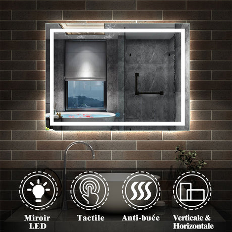 Miroir mural de salle de bain, illumination LED, éclairage intégré Blanc Froid/Anti-buée