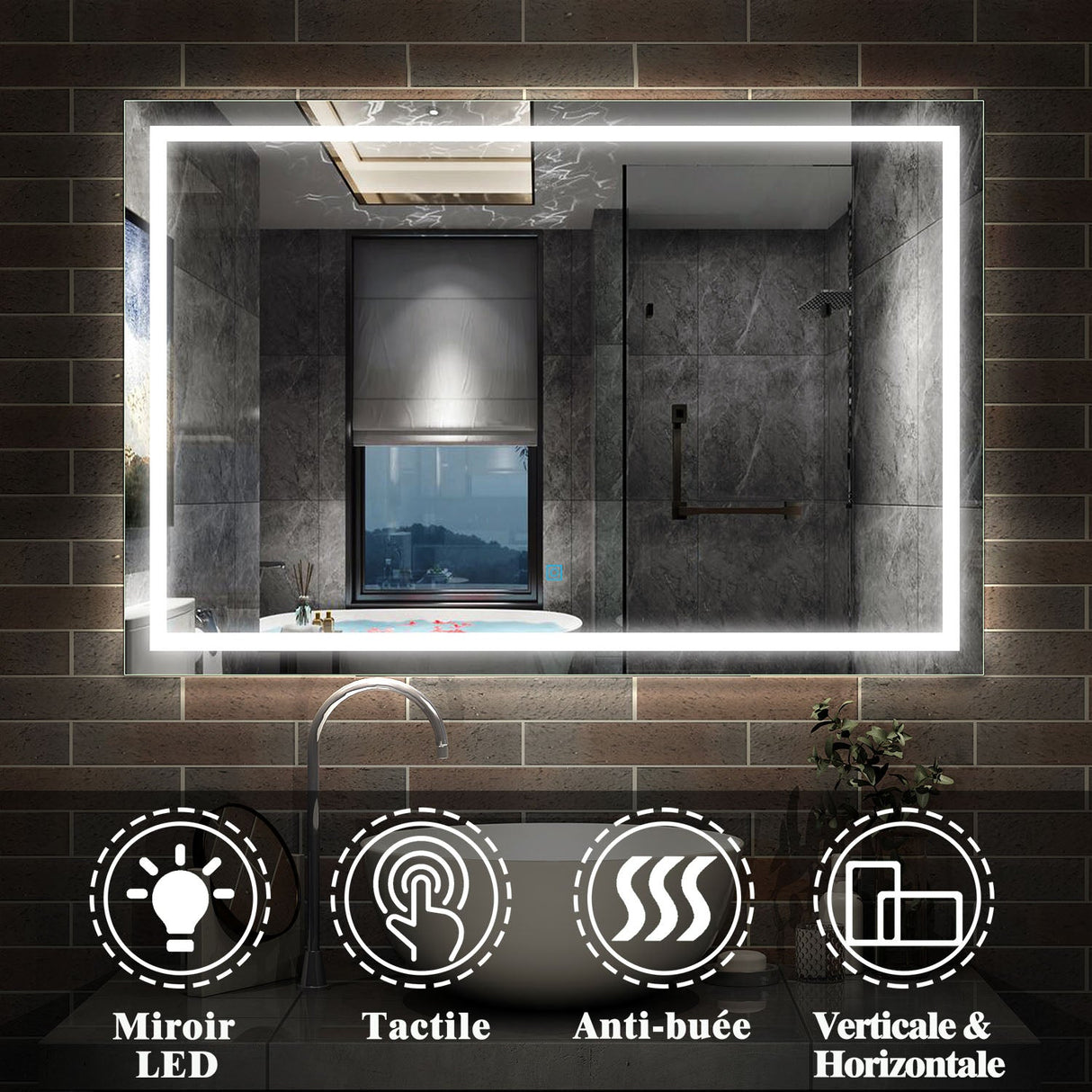Miroir mural de salle de bain, illumination LED, éclairage intégré Blanc Froid/Anti-buée