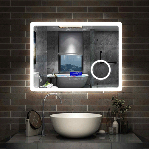 Miroir multifonctionnel avec 2 couleur LED réglable + antibuée +Bluetooth + Miroir grossissant