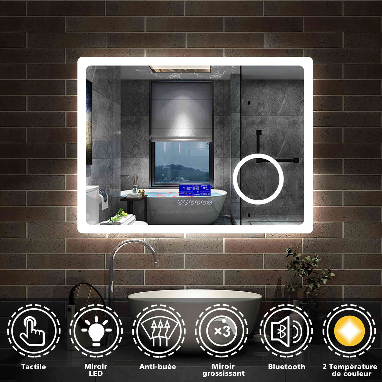 Miroir multifonctionnel avec 2 couleur LED réglable + antibuée +Bluetooth + Miroir grossissant