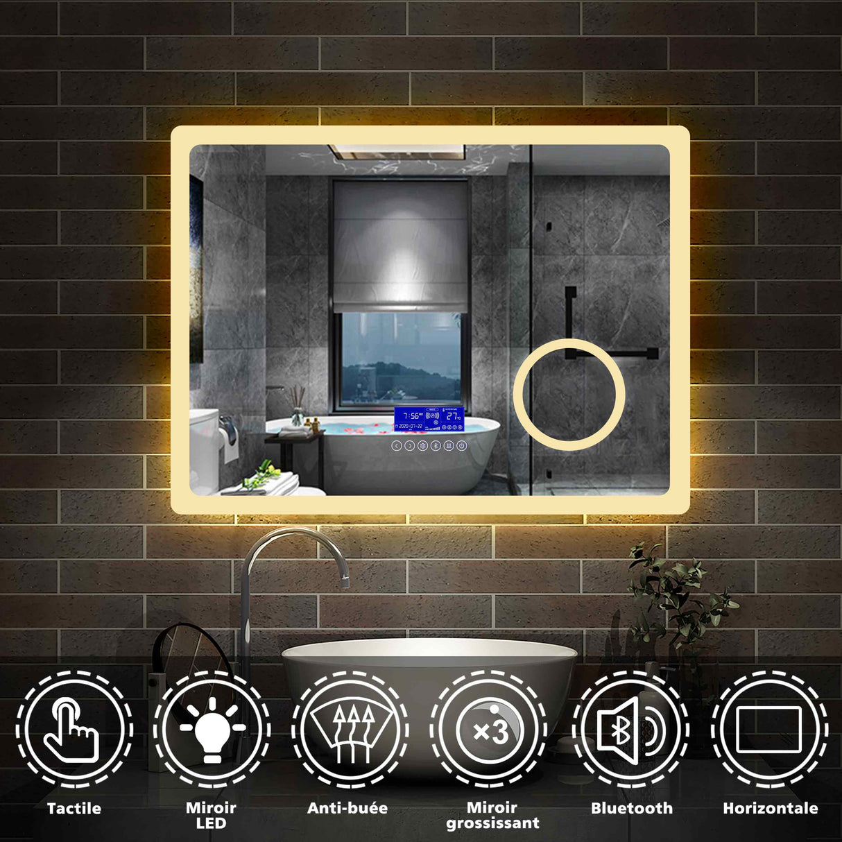 Miroir multifonctionnel avec 2 couleur LED réglable + antibuée +Bluetooth + Miroir grossissant