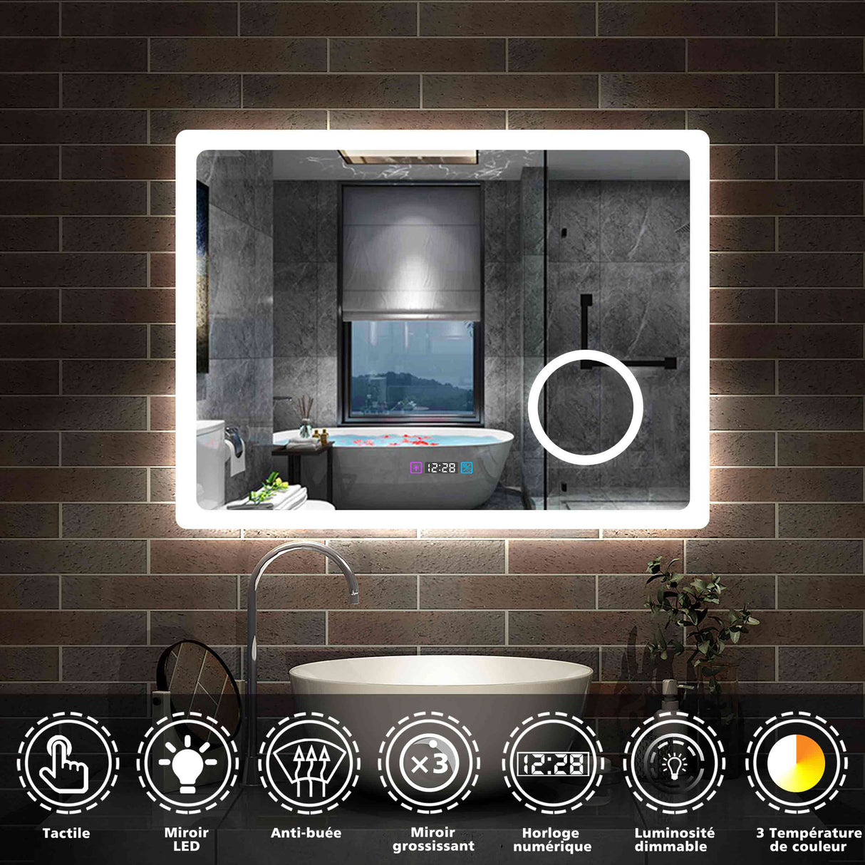 Miroir 80/100/120/140/160cm multifonctionnel avec 3 couleur LED réglable + antibuée +Horloge numérique+Miroir grossissant