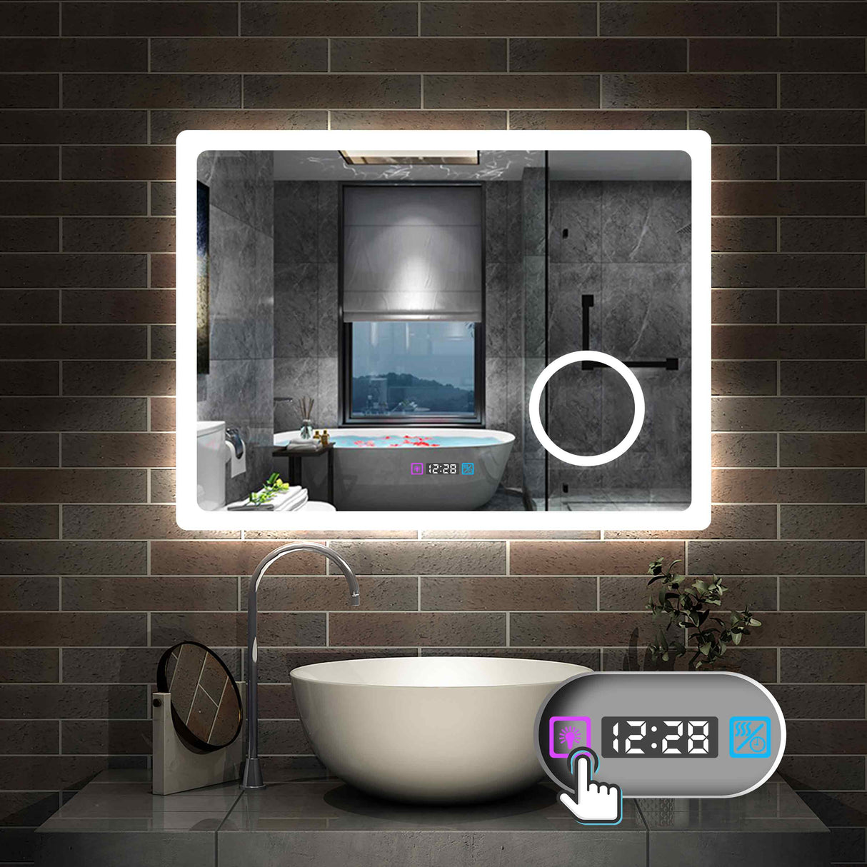 Miroir 80/100/120/140/160cm multifonctionnel avec 3 couleur LED réglable + antibuée +Horloge numérique+Miroir grossissant