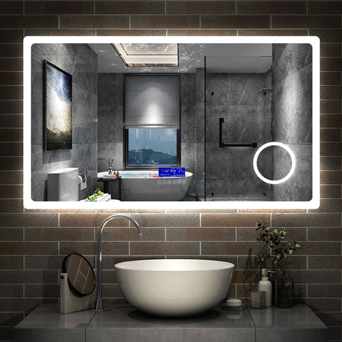 Miroir multifonctionnel avec 2 couleur LED réglable + antibuée +Bluetooth + Miroir grossissant