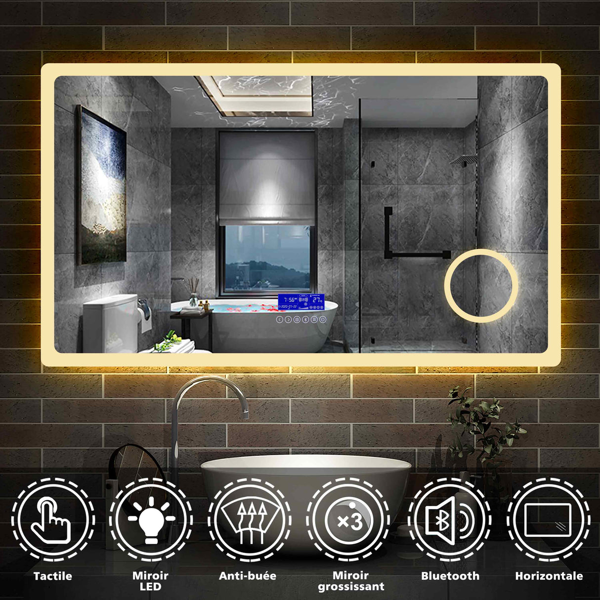 Miroir multifonctionnel avec 2 couleur LED réglable + antibuée +Bluetooth + Miroir grossissant