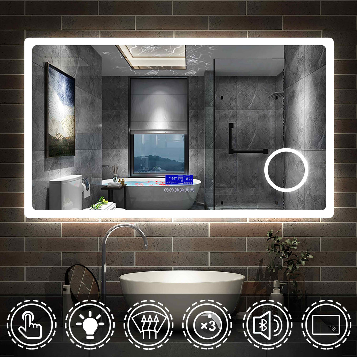 Miroir multifonctionnel avec 2 couleur LED réglable + antibuée +Bluetooth + Miroir grossissant