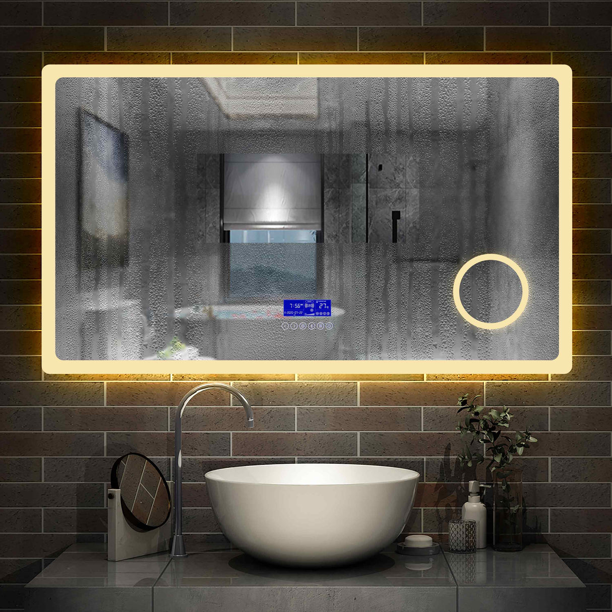 Miroir multifonctionnel avec 2 couleur LED réglable + antibuée +Bluetooth + Miroir grossissant