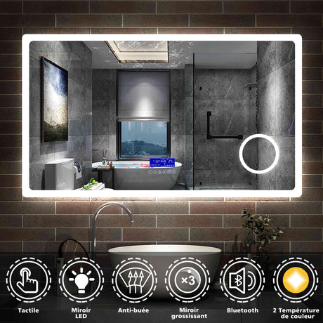 Miroir multifonctionnel avec 2 couleur LED réglable + antibuée +Bluetooth + Miroir grossissant