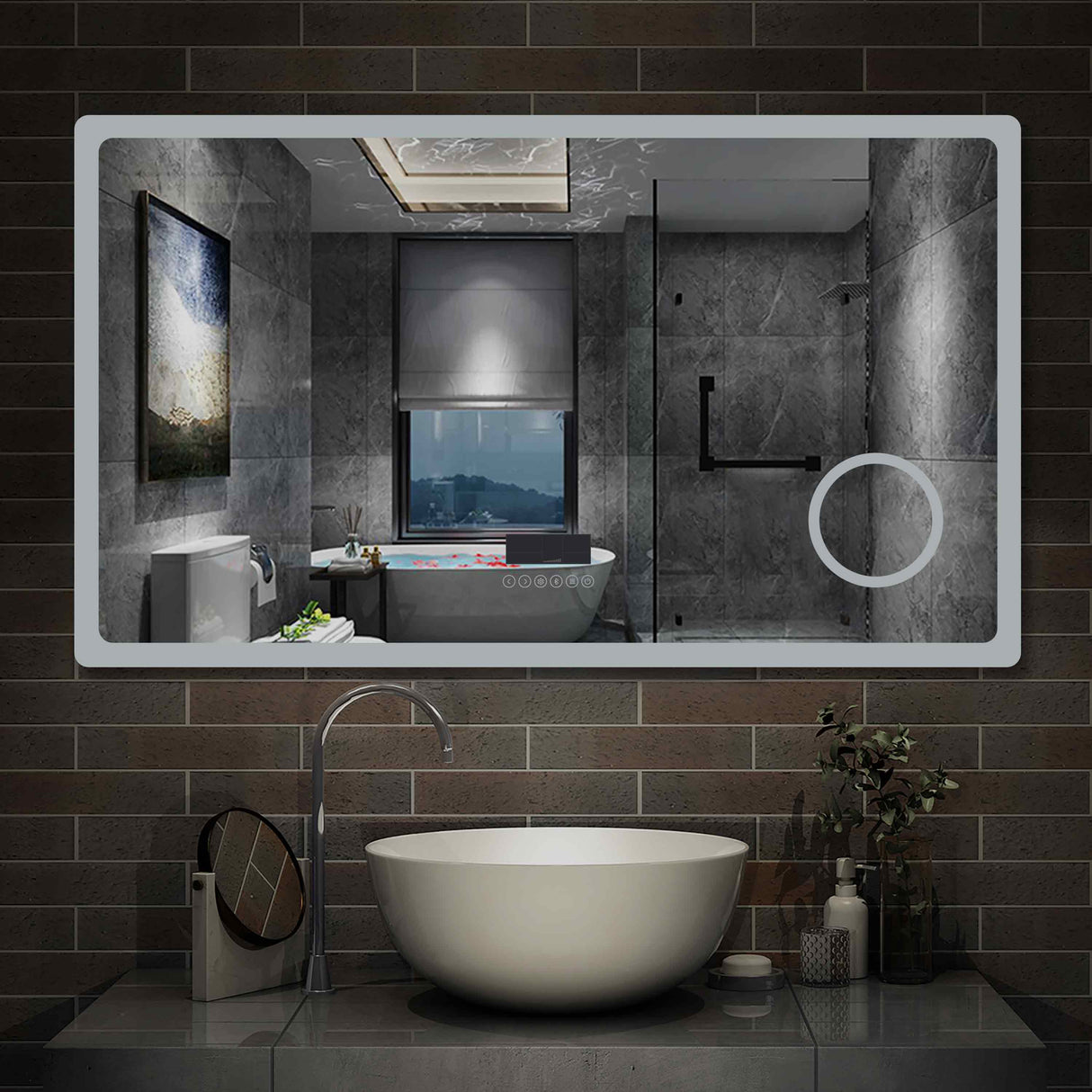 Miroir multifonctionnel avec 2 couleur LED réglable + antibuée +Bluetooth + Miroir grossissant