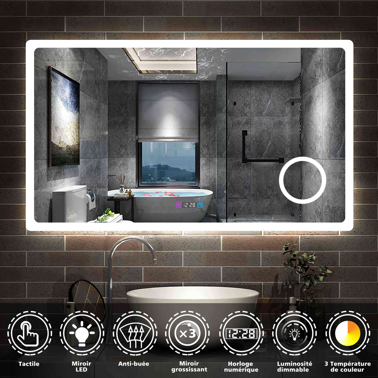 Miroir 80/100/120/140/160cm multifonctionnel avec 3 couleur LED réglable + antibuée +Horloge numérique+Miroir grossissant