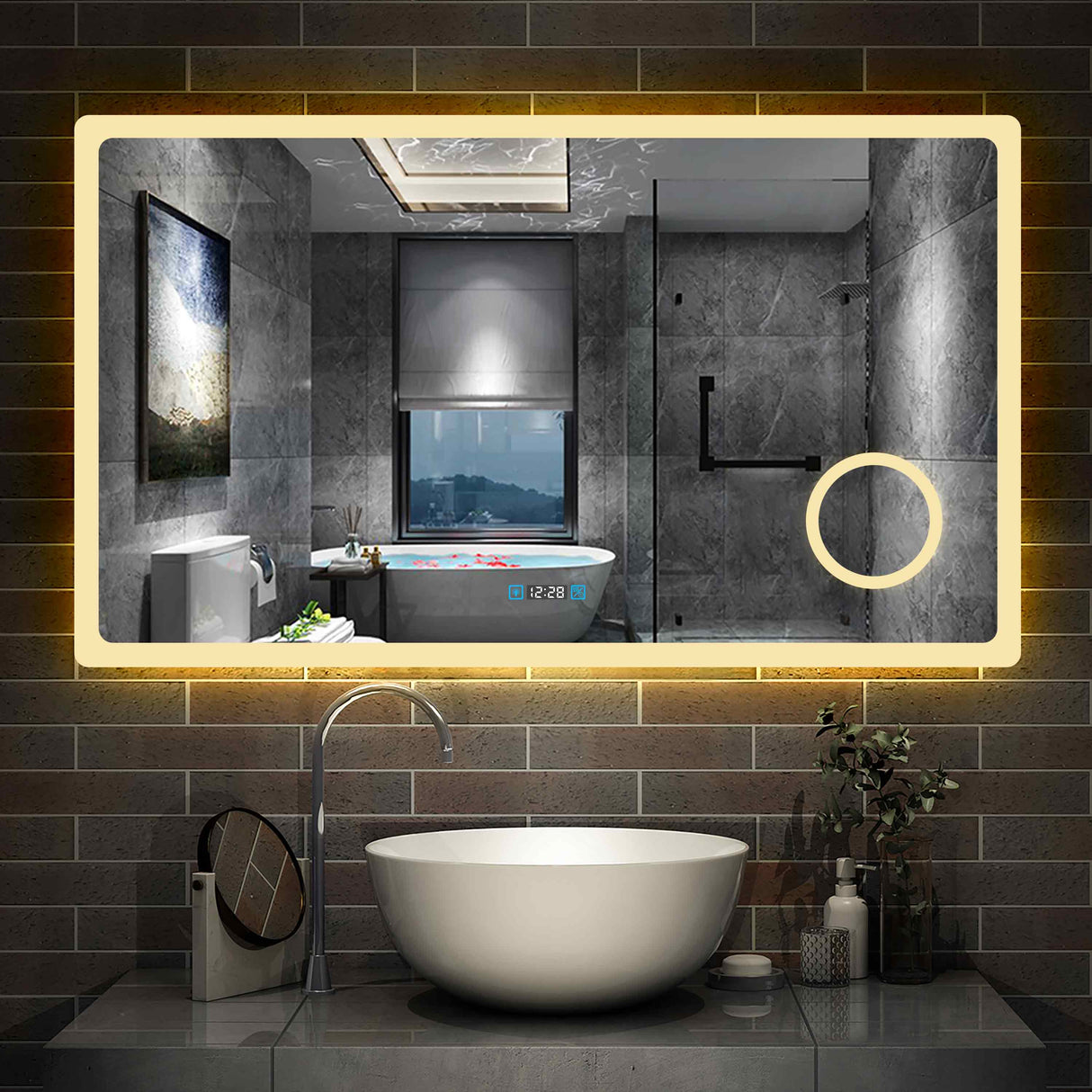 Miroir 80/100/120/140/160cm multifonctionnel avec 3 couleur LED réglable + antibuée +Horloge numérique+Miroir grossissant