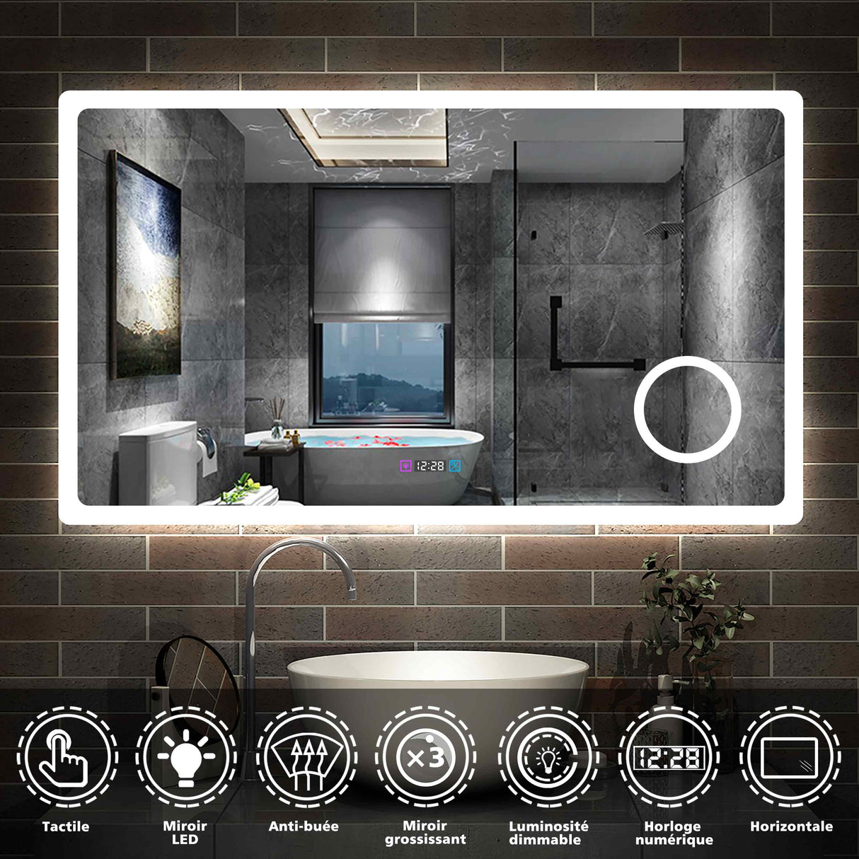 Miroir 80/100/120/140/160cm multifonctionnel avec 3 couleur LED réglable + antibuée +Horloge numérique+Miroir grossissant