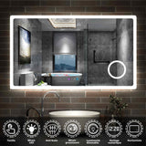 Miroir 80/100/120/140/160cm multifonctionnel avec 3 couleur LED réglable + antibuée +Horloge numérique+Miroir grossissant