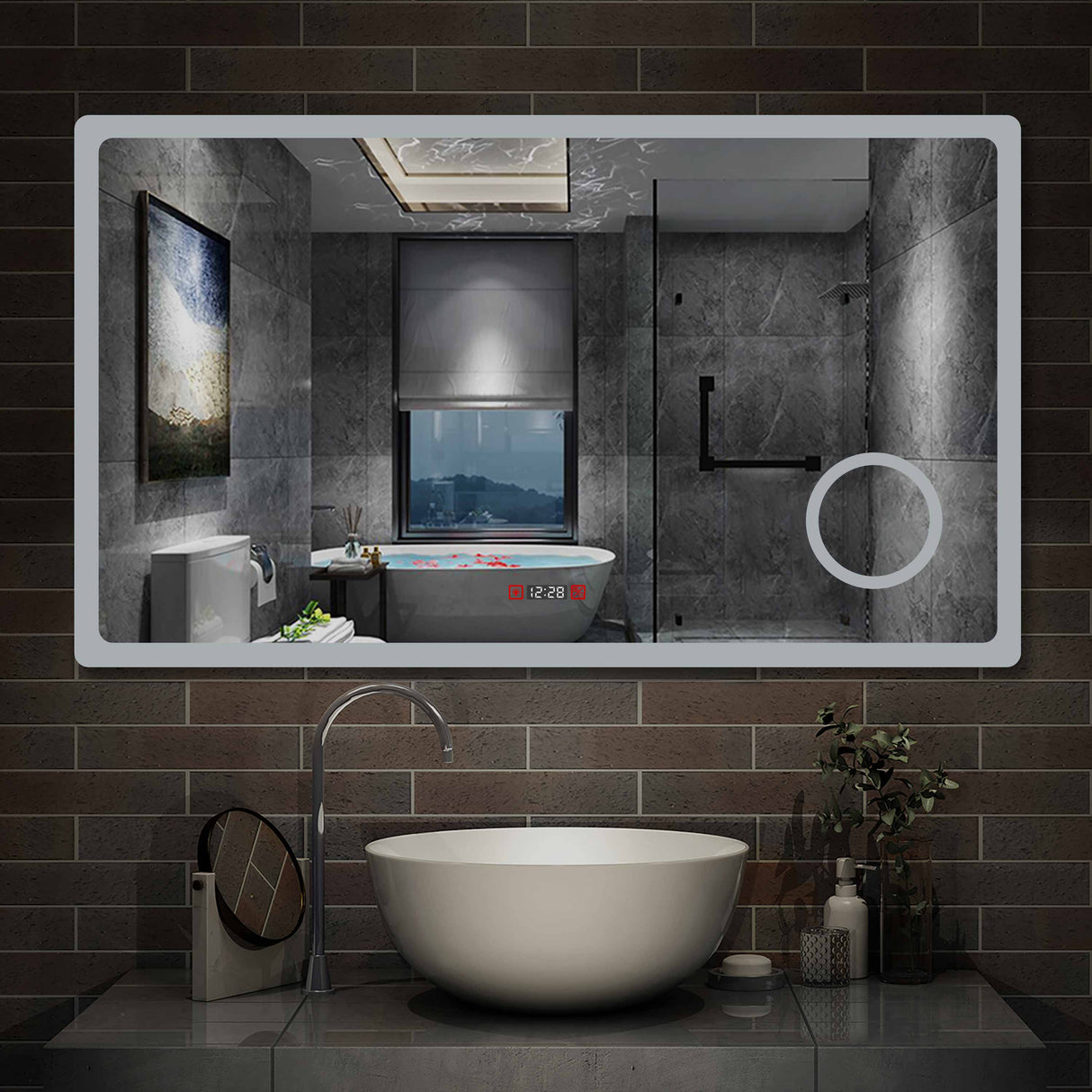 Miroir 80/100/120/140/160cm multifonctionnel avec 3 couleur LED réglable + antibuée +Horloge numérique+Miroir grossissant