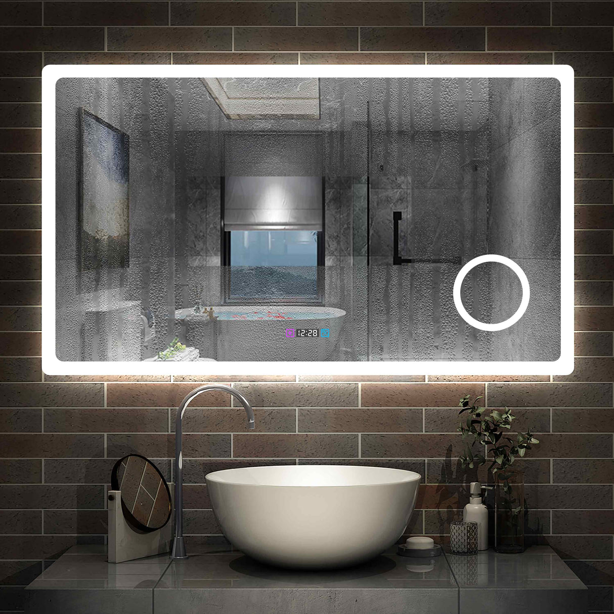 Miroir 80/100/120/140/160cm multifonctionnel avec 3 couleur LED réglable + antibuée +Horloge numérique+Miroir grossissant