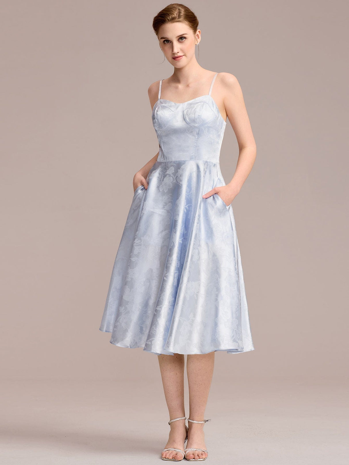 Floral Satin Sling Guest Dress with Pockets