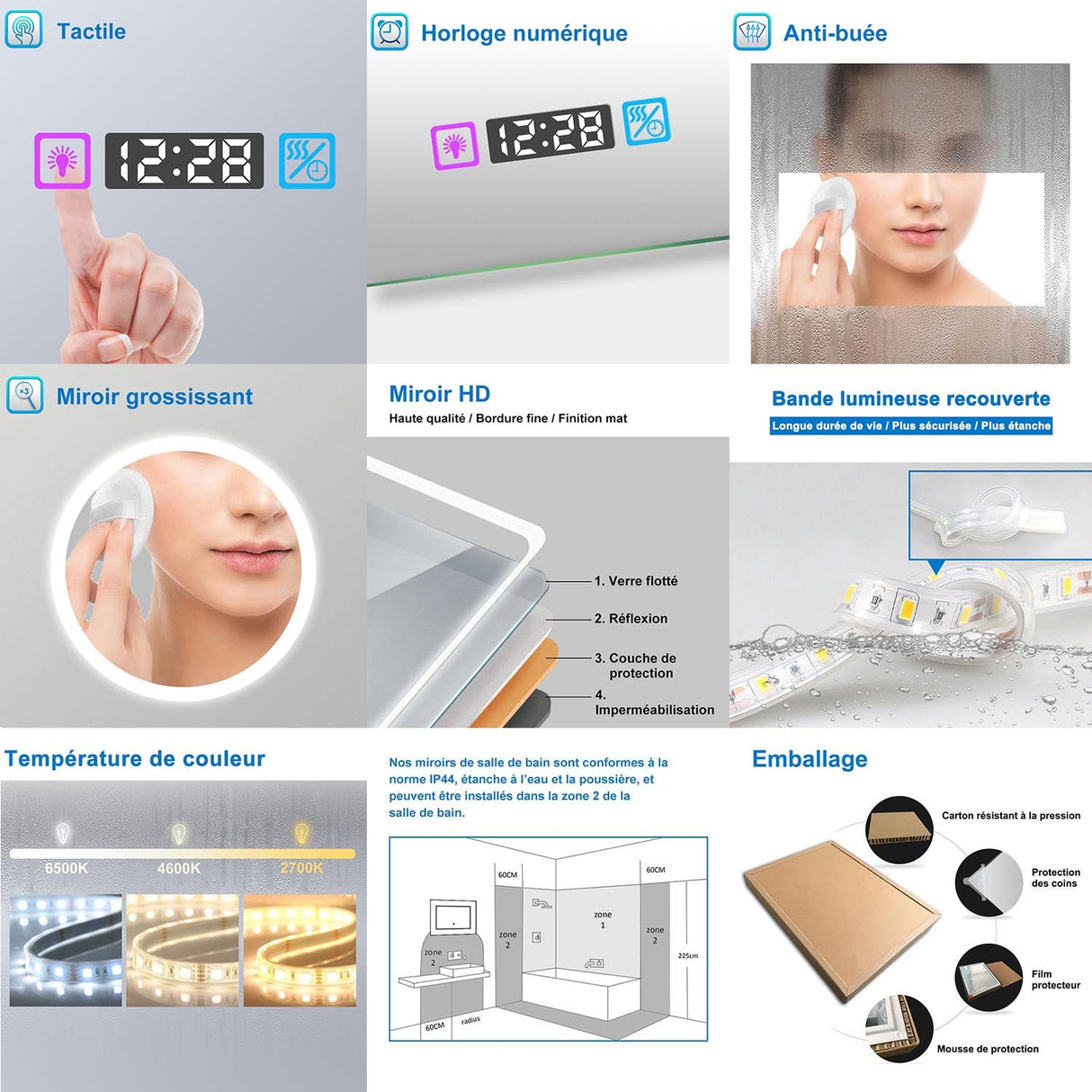 Miroir 80/100/120/140/160cm multifonctionnel avec 3 couleur LED réglable + antibuée +Horloge numérique+Miroir grossissant