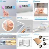 Miroir 80/100/120/140/160cm multifonctionnel avec 3 couleur LED réglable + antibuée +Horloge numérique+Miroir grossissant