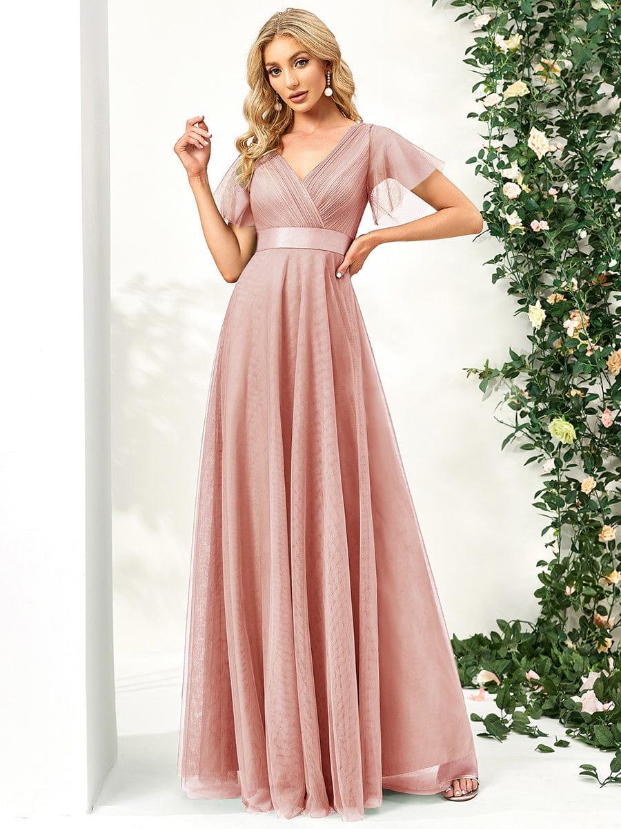 ever MISTE|Women's Double V-Neck Floor-Length Bridesmaid Dress with Short Sleeve