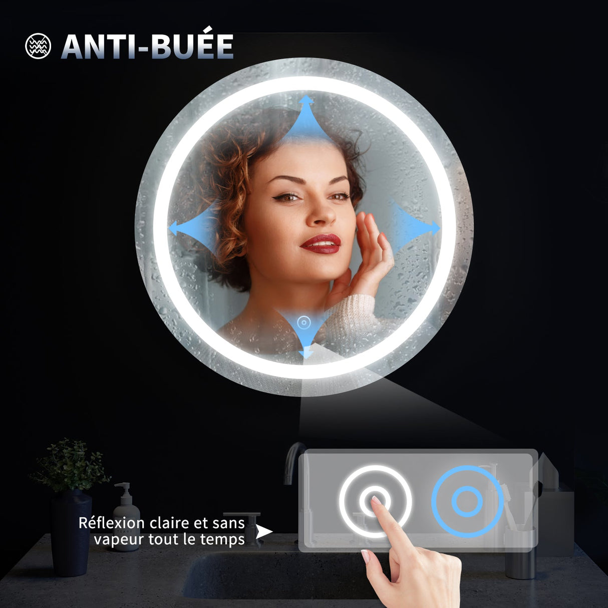 SIRHONA 80cm Miroir de Salle de Bain à LED Rond Anti-buée avec éclairage intégré Blanc Froid Miroir Rond Mural