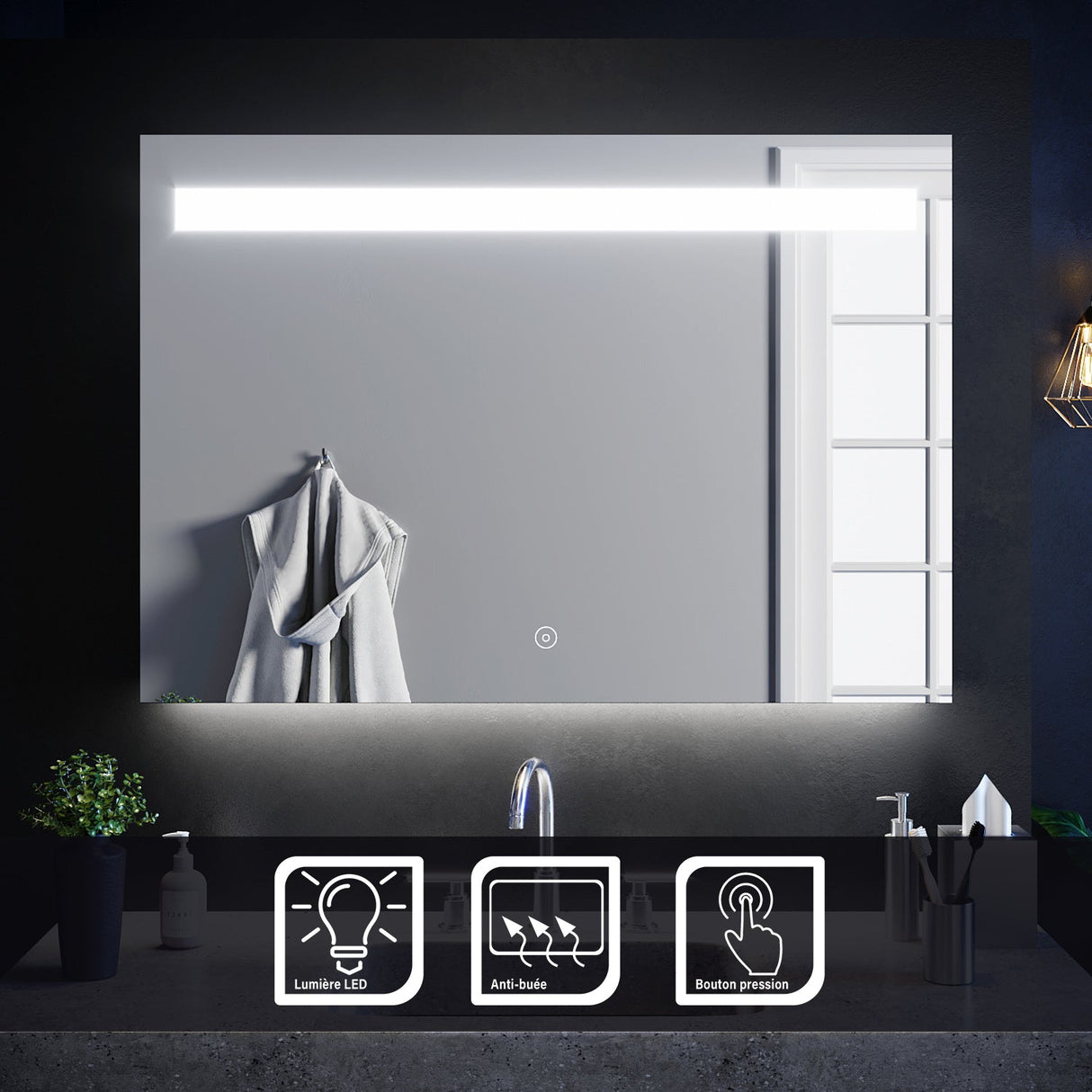 SIRHONA 100x70cm LED Miroir Salle de Bains avec éclairage Cosmétiques Mural Lumière Illumination avec Commande par Effleurement Anti-buée