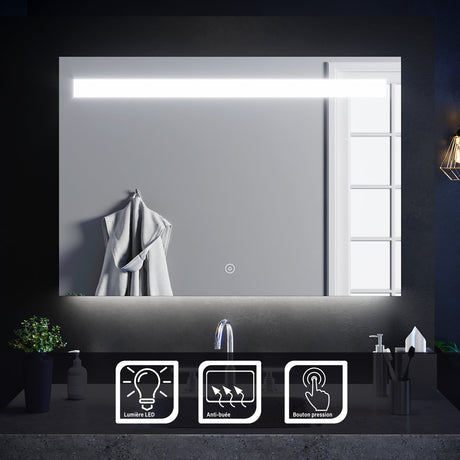 SIRHONA 100x70cm LED Miroir Salle de Bains avec éclairage Cosmétiques Mural Lumière Illumination avec Commande par Effleurement Anti-buée