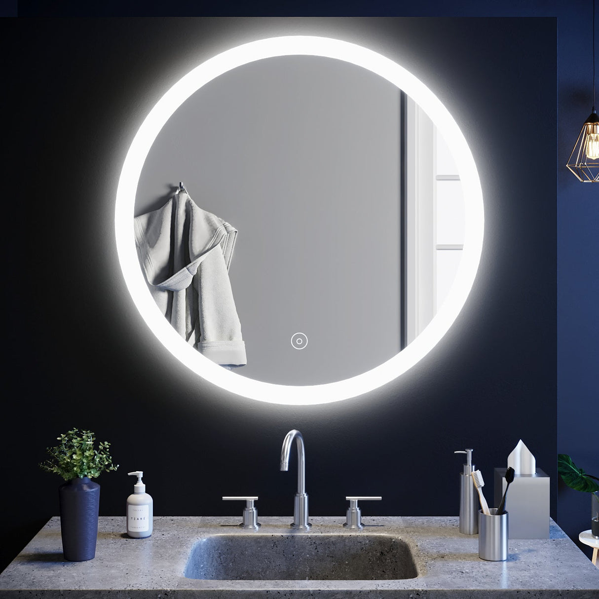 SIRHONA 80cm Miroir de Salle de Bain à LED Rond Anti-buée avec éclairage intégré Blanc Froid Miroir Rond Mural